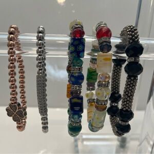 BRACELETS Lot Of 5 Multi Coloured Glass Beads, Silver Black Coppery Stretchy.